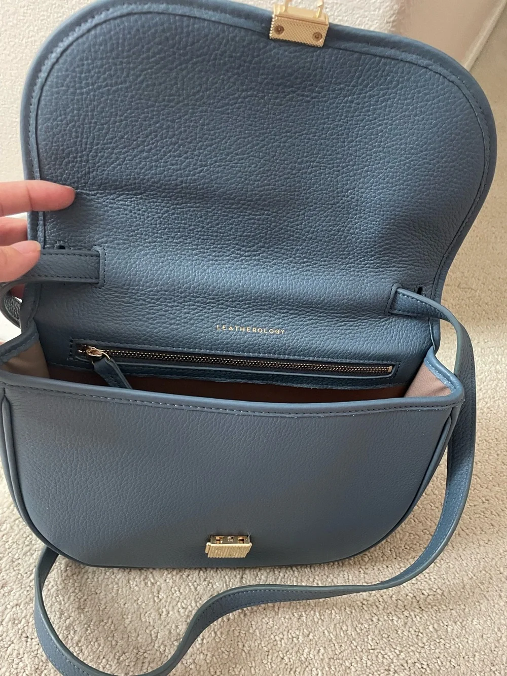 New Blue Leather Crossbody Saddle Bag with Gold Hardware (medium)